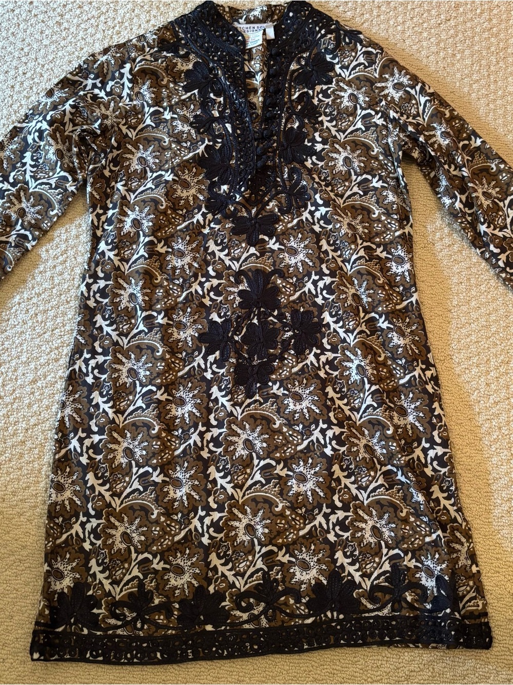 Gretchen Scott Designs Black, Brown and White Paisley Embroidered Tunic